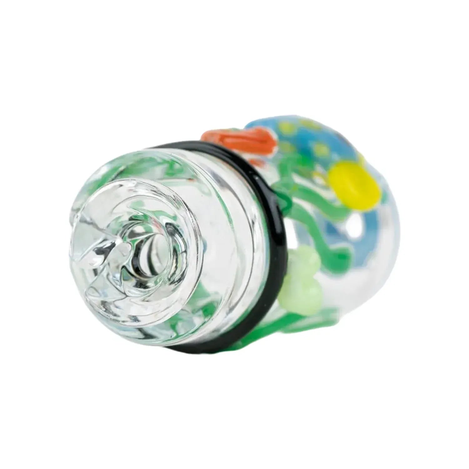 Close-up angled view of the Empire Glassworks Puffco Pivot Glass Mouthpiece - Under the Sea showing the clear glass tip, black O-ring, and colorful blue, green, yellow and orange ocean-themed swirls.