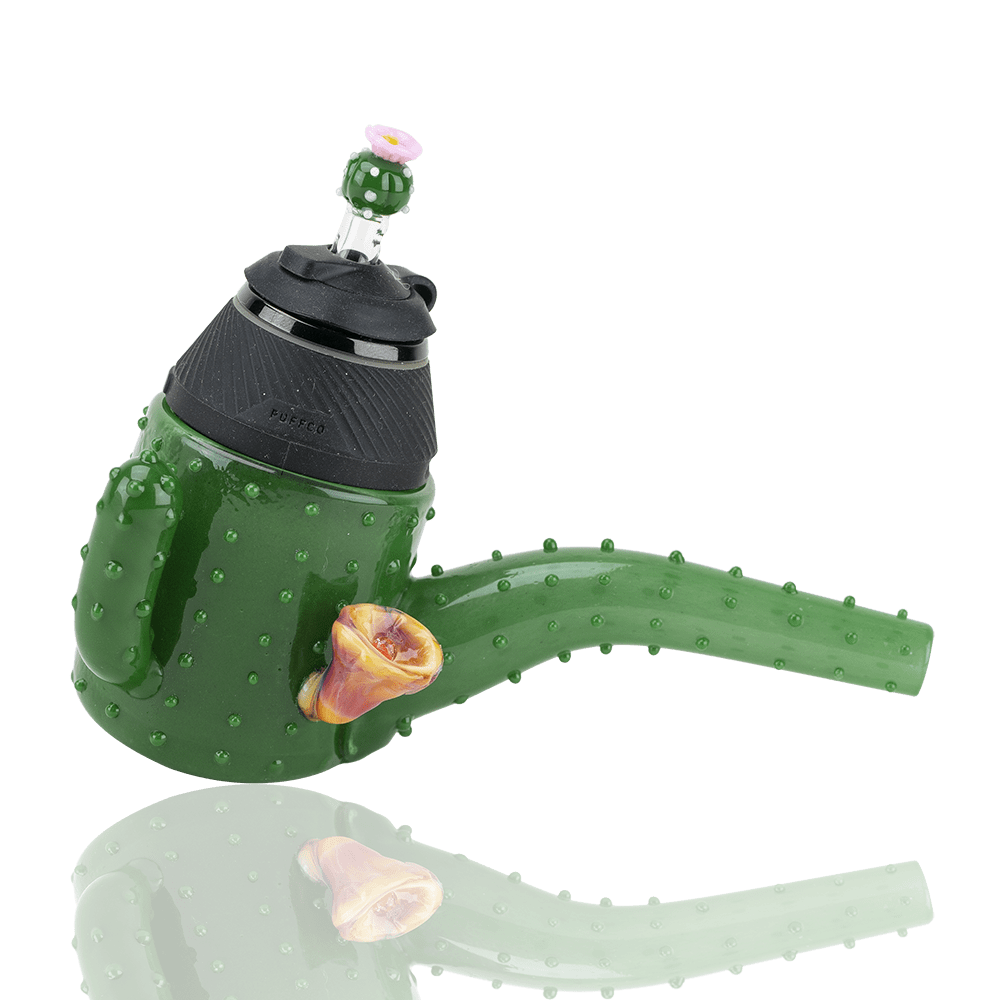 A detailed studio shot of the Cactus PuffCo Proxy Glass Attachment Set, featuring a green, textured glass design.