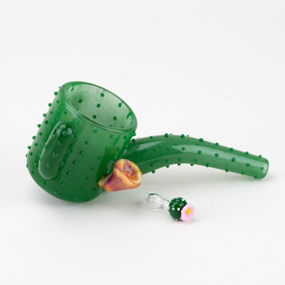A detailed side view of the Cactus PuffCo Proxy Glass Attachment Set, showcasing its green, textured glass design.