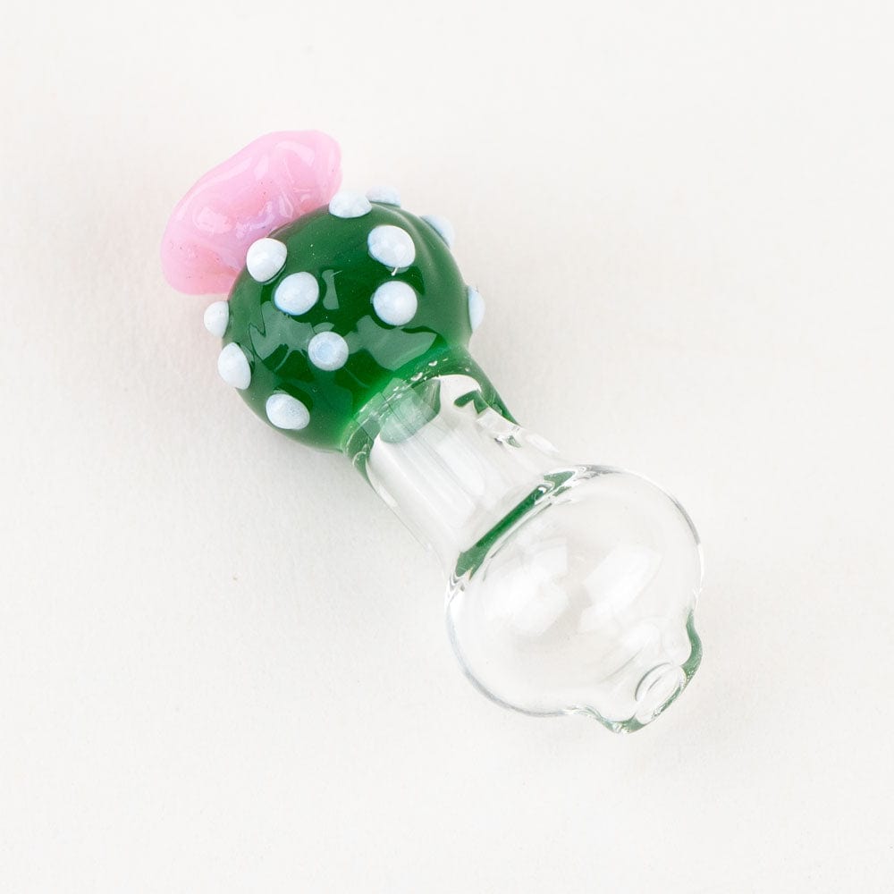 A close-up of the Peyote PuffCo Peak Pro Glass Ball Cap, showing its spherical shape and frosted pink top against a white background.