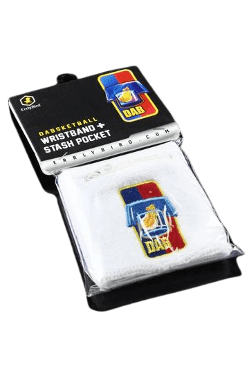 Front view of the Stash Pocket Wristband, showing a branded product in its sealed packaging on a plain white background.