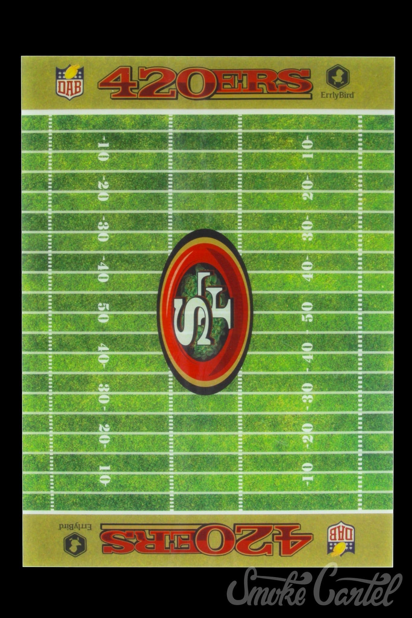 Top-down view of a green Football Silicone Mat showing yard lines and a central red oval logo with "420ERS" printed along the tan border.