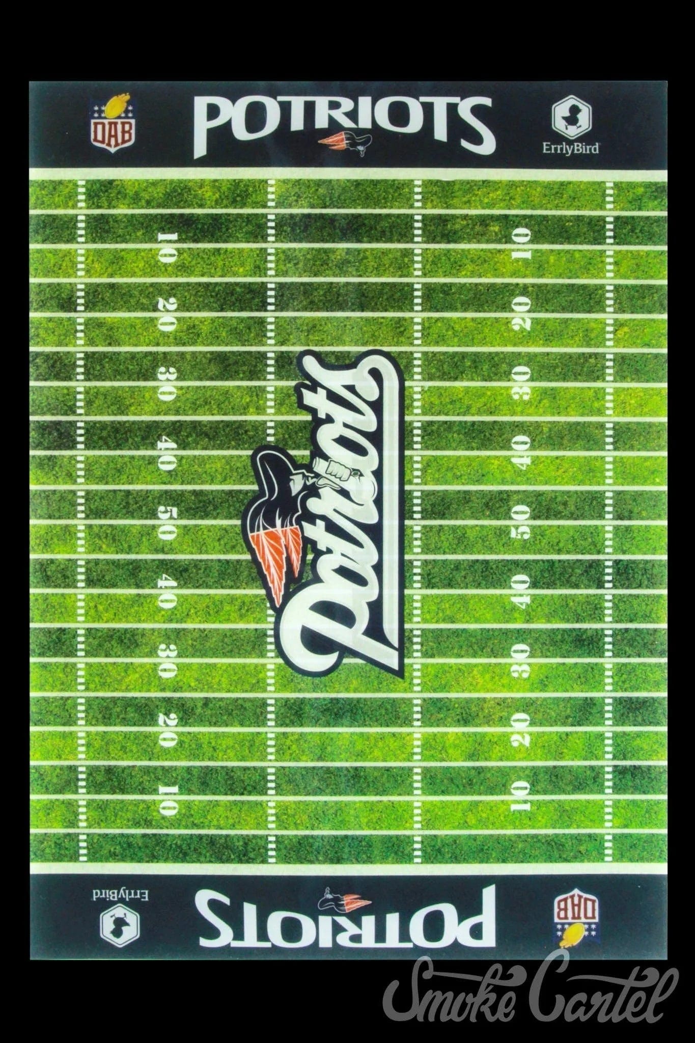 Top-down view of a green field printed with yard lines and a central "Potriots" logo on the Football Silicone Mat.