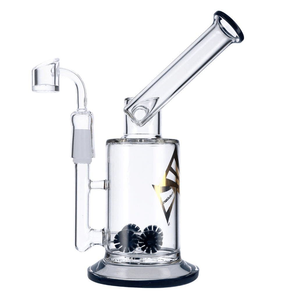 Front view of the Discovery 9" Dab Rig, featuring a clear glass body and angled joint, set against a plain white background.
