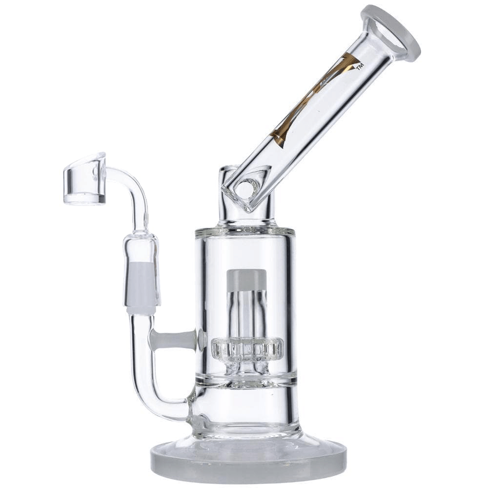 A straight-on view of the Mist 9" Dab Rig, showing its clear glass construction and simple, cylindrical form.