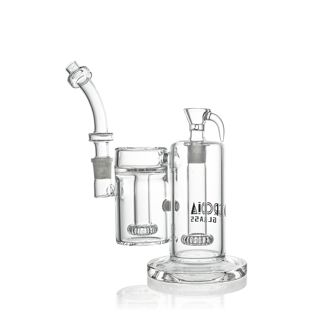Studio side view of the Croia Glass 10" Dual-Chamber External Recycler Bong showing clear glass chambers and vertical percs.