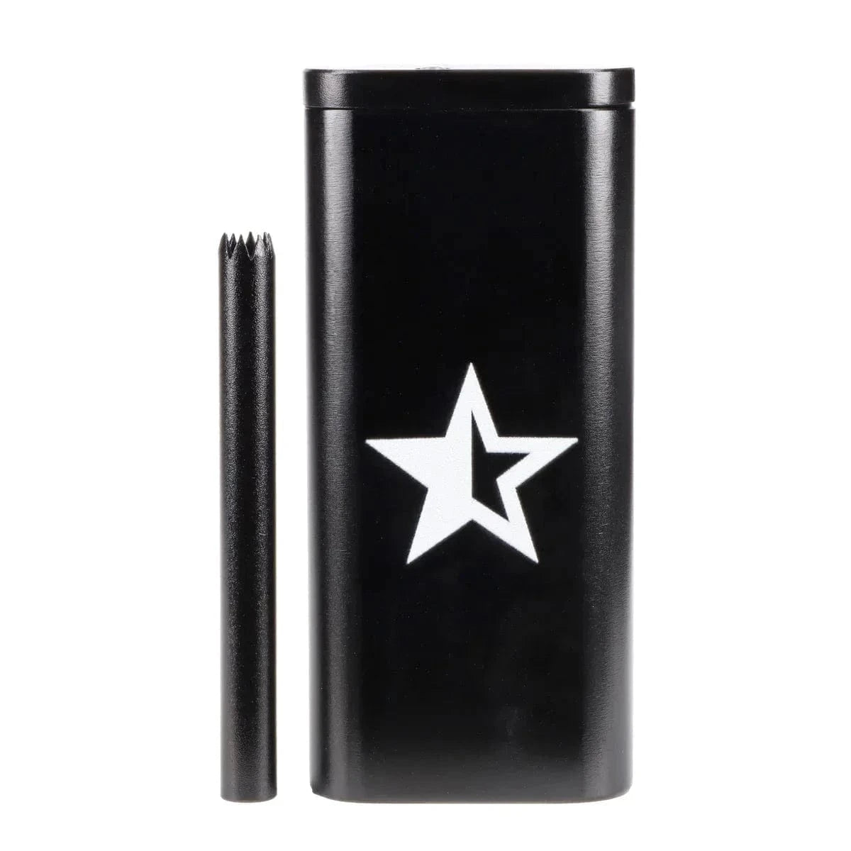 Front view of the black Famous X Dugout with a white star logo on its rectangular body and a serrated-ended bat placed beside it.