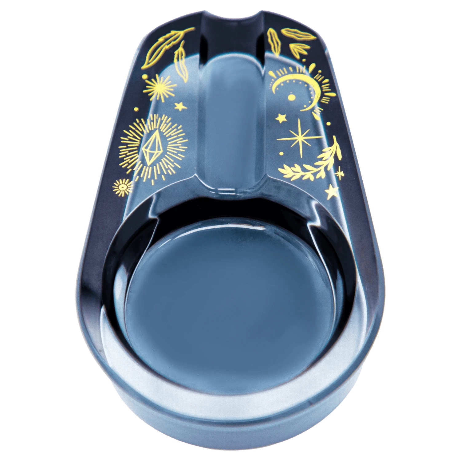 Top-down view of the Famous X Astral Power Glass Ashtray - Black showing its glossy black surface, central round well and gold celestial illustrations.