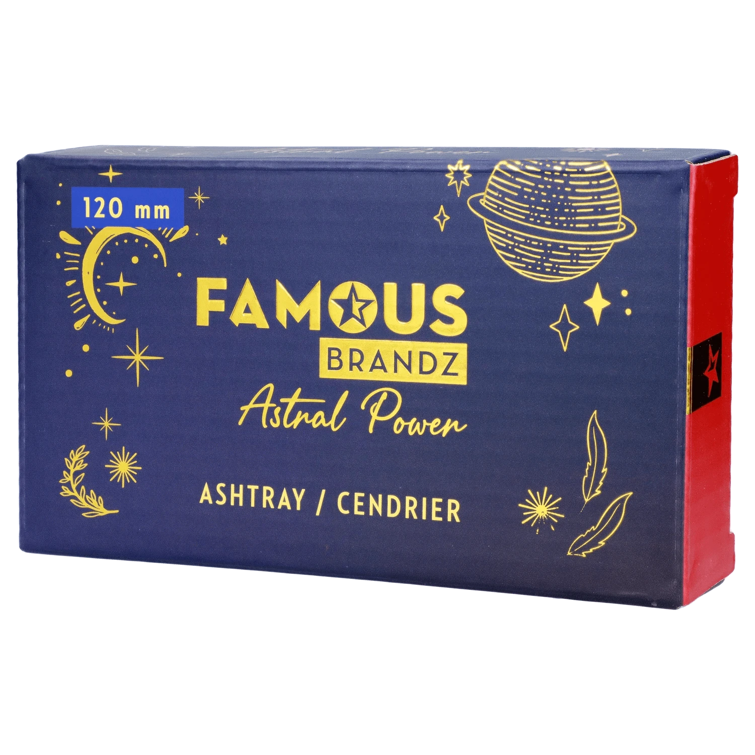 Angled front view of the Famous X Astral Power Glass Ashtray - Black box with gold celestial graphics on a navy background