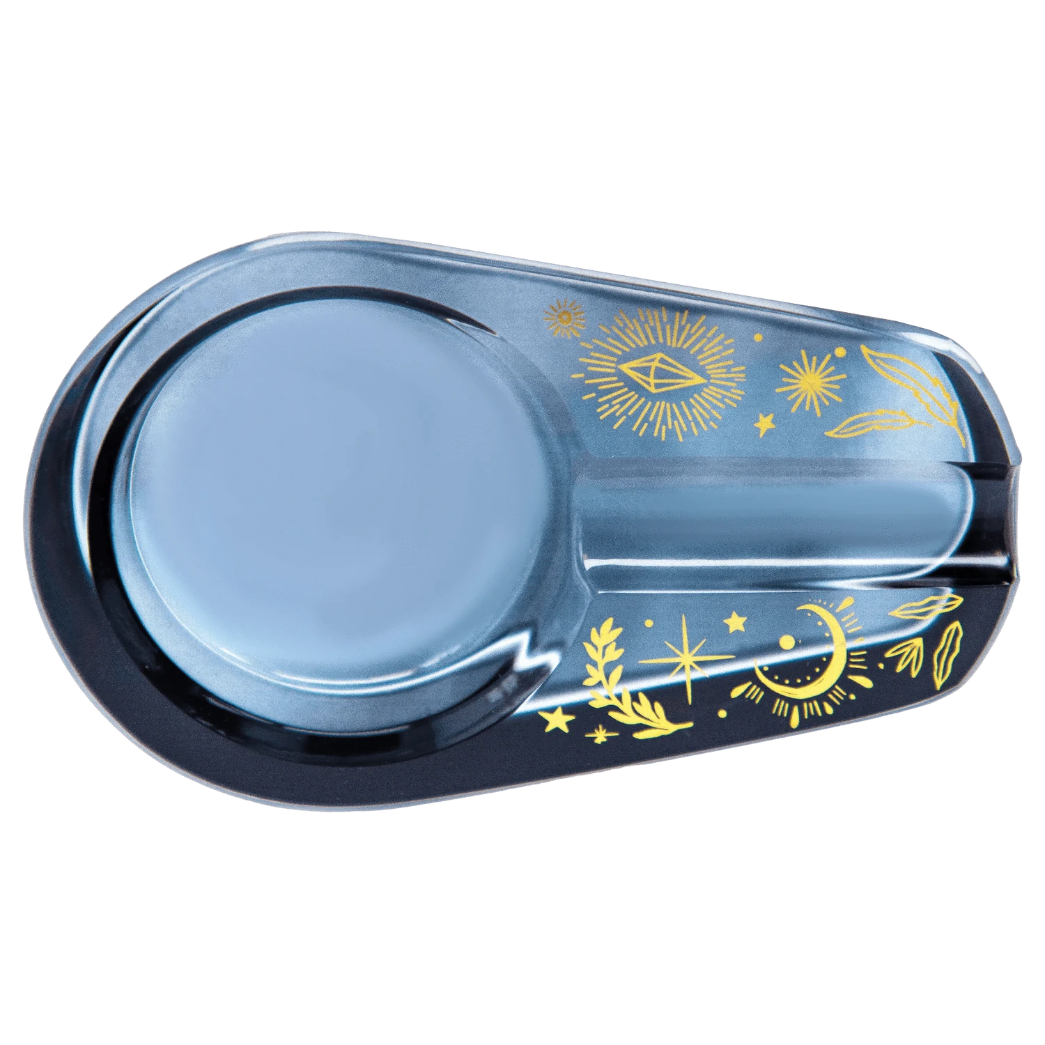 Top-down view of the black Famous X Astral Power Glass Ashtray - Black with gold celestial sun, moon, and star illustrations on its rim