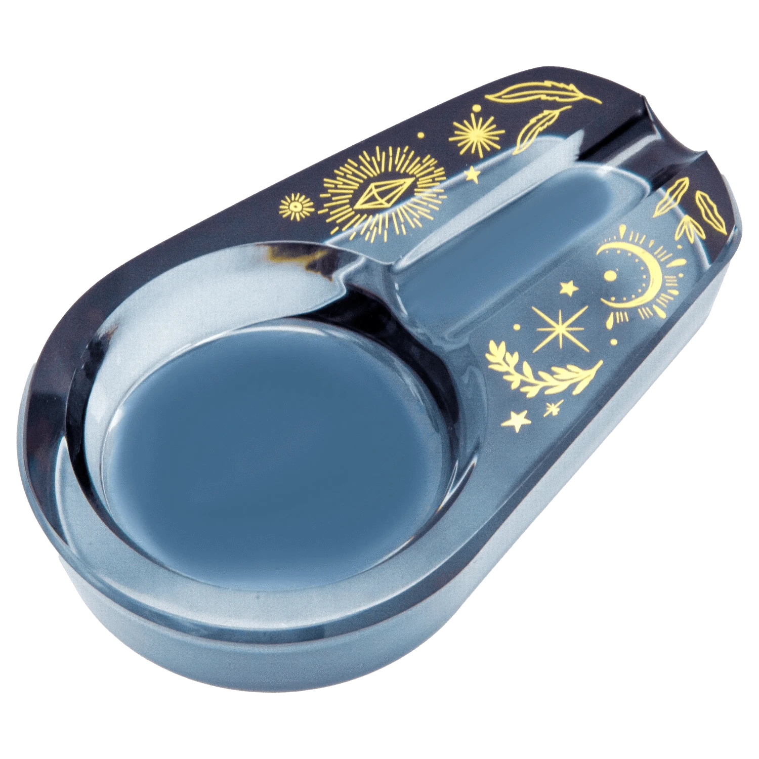 Angled close-up of the black Famous X Astral Power Glass Ashtray - Black showing gold celestial illustrations around the rounded ash well.