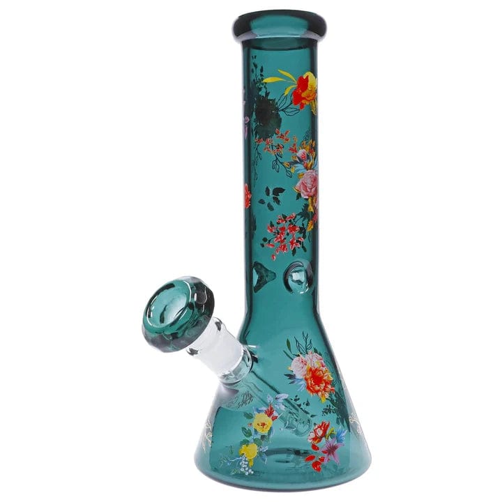 Front view of the Floral Lush Beaker Water Pipe, a green glass beaker with a floral pattern visible against a plain white background.