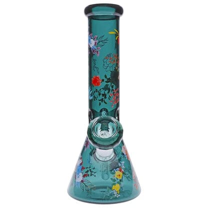 Front view of the Floral Lush Beaker Water Pipe, a glass beaker with a colorful floral pattern against a plain white background.