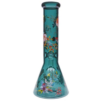 Front view of the Floral Lush Beaker Water Pipe, a clear glass beaker with a colorful floral pattern.