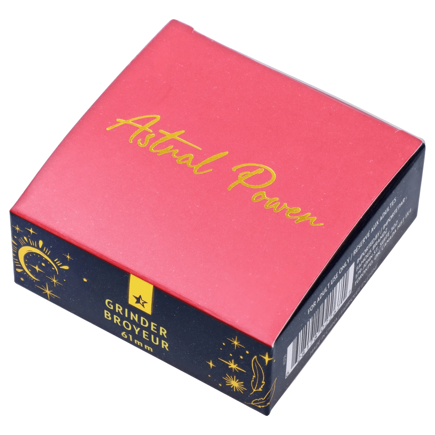 Angled top-down view of the Famous X Astral Power Aluminum 2 Stage Grinder -Black and Gold box showing a red lid with gold "Astral Power" script and navy sides with celestial graphics.