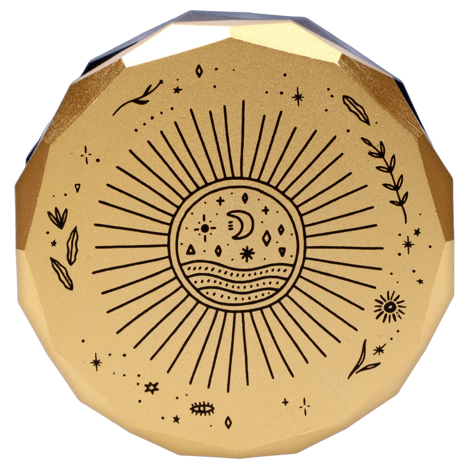 Top-down view of the circular Famous X Astral Power Aluminum 2 Stage Grinder -Black and Gold showing a gold faceted lid etched with a sunburst and celestial moon-and-stars motif.