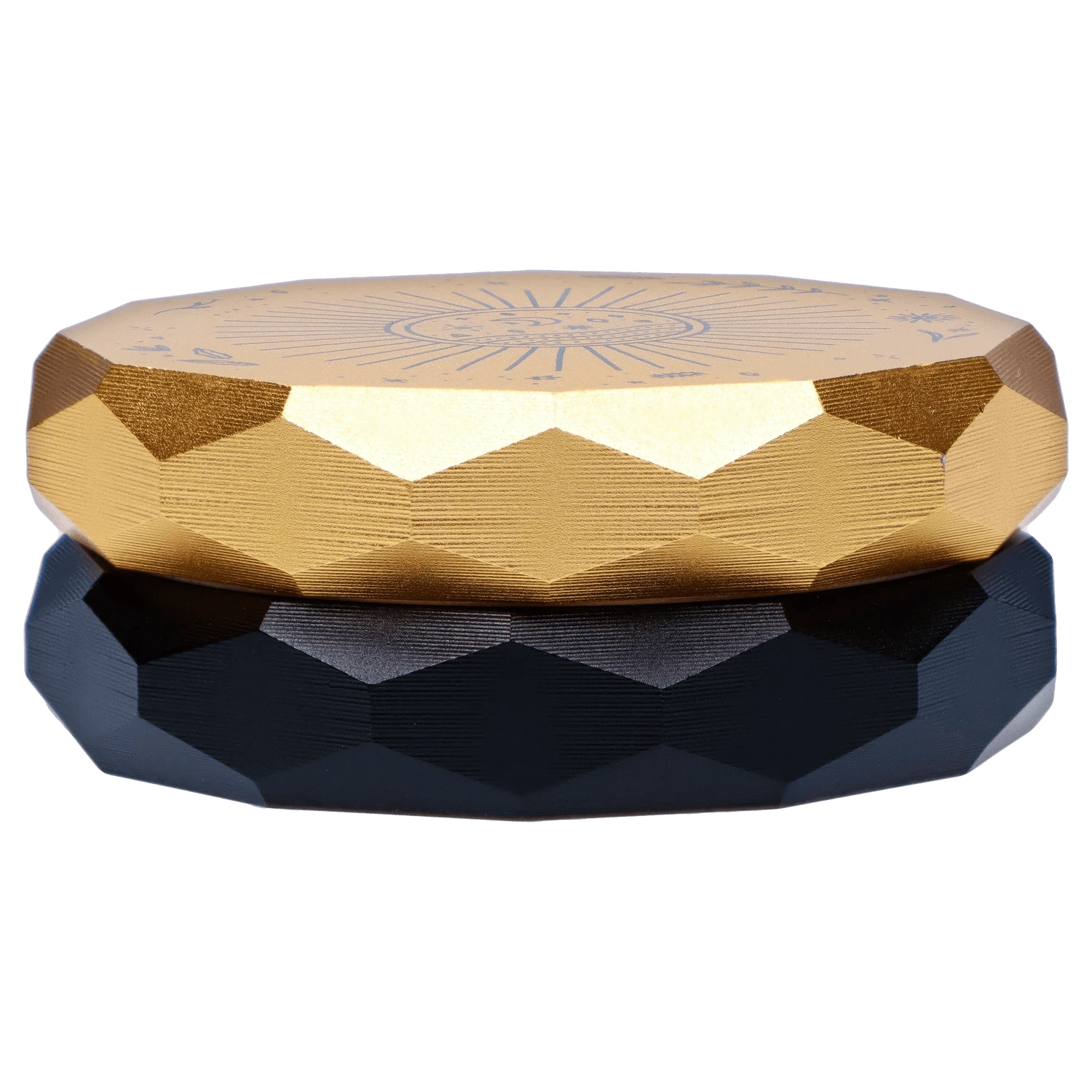 Low front view of the Famous X Astral Power Aluminum 2 Stage Grinder -Black and Gold showing a faceted gold top stacked on a black faceted base.