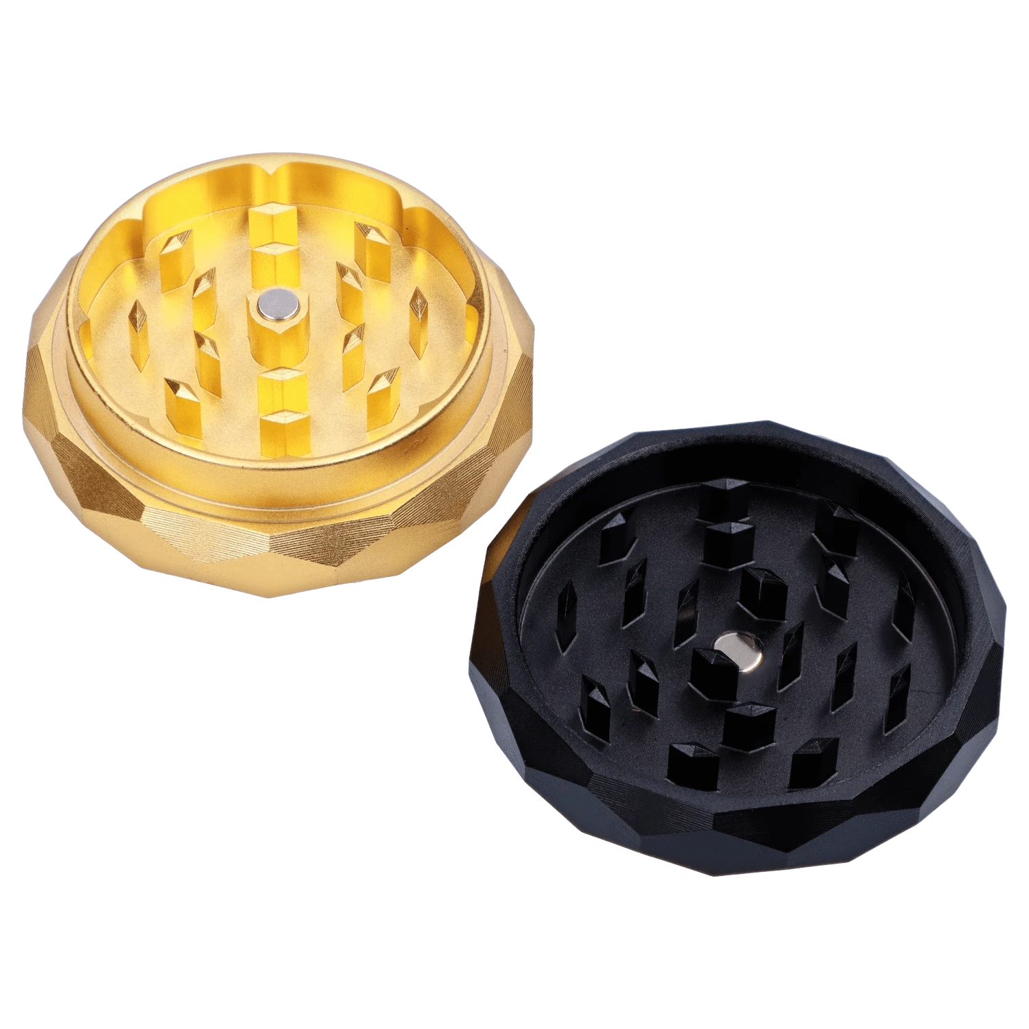 Top-down view of the Famous X Astral Power Aluminum 2 Stage Grinder -Black and Gold showing the gold upper chamber and black lower chamber with faceted edges.