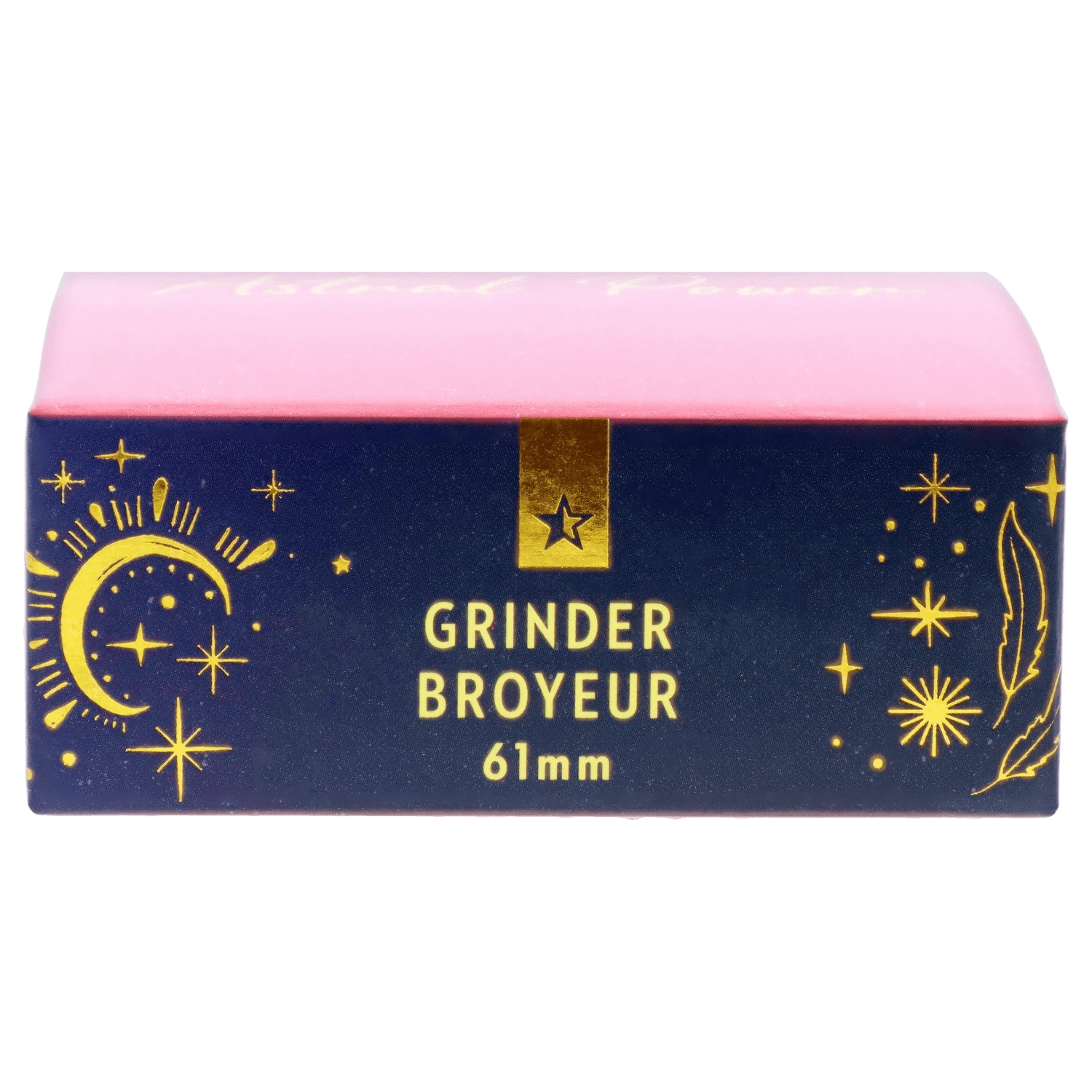 Front-facing close-up of the Famous X Astral Power Aluminum 2 Stage Grinder -Black and Gold box showing a pink lid, navy front panel with gold celestial illustrations and "GRINDER BROYEUR 61mm" text.