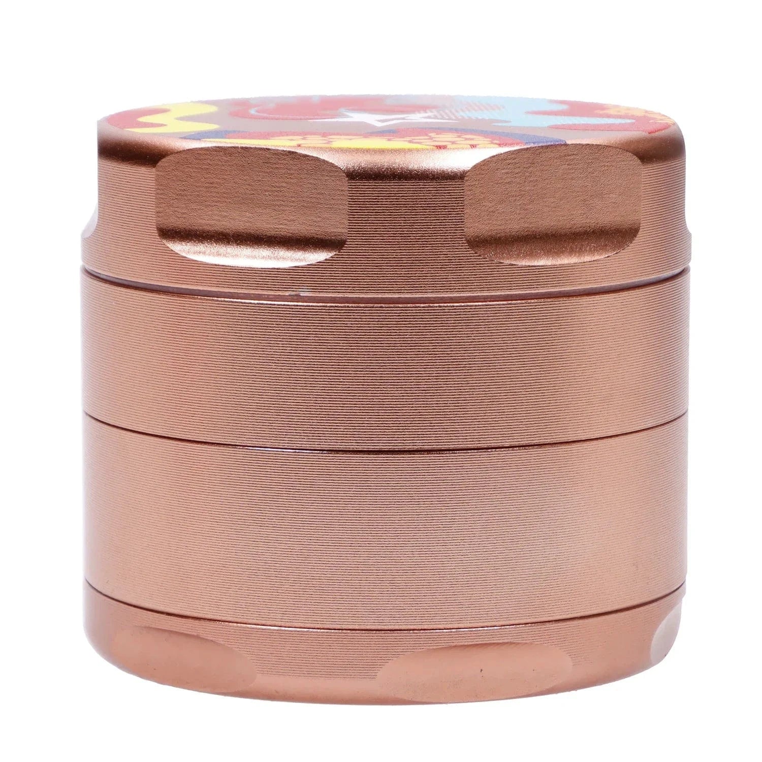Close-up front view of the rose-gold Famous X Papaya Aluminum 3 Stage Grinder-Rose Gold showing its textured stacked layers and knurled grip cutouts.