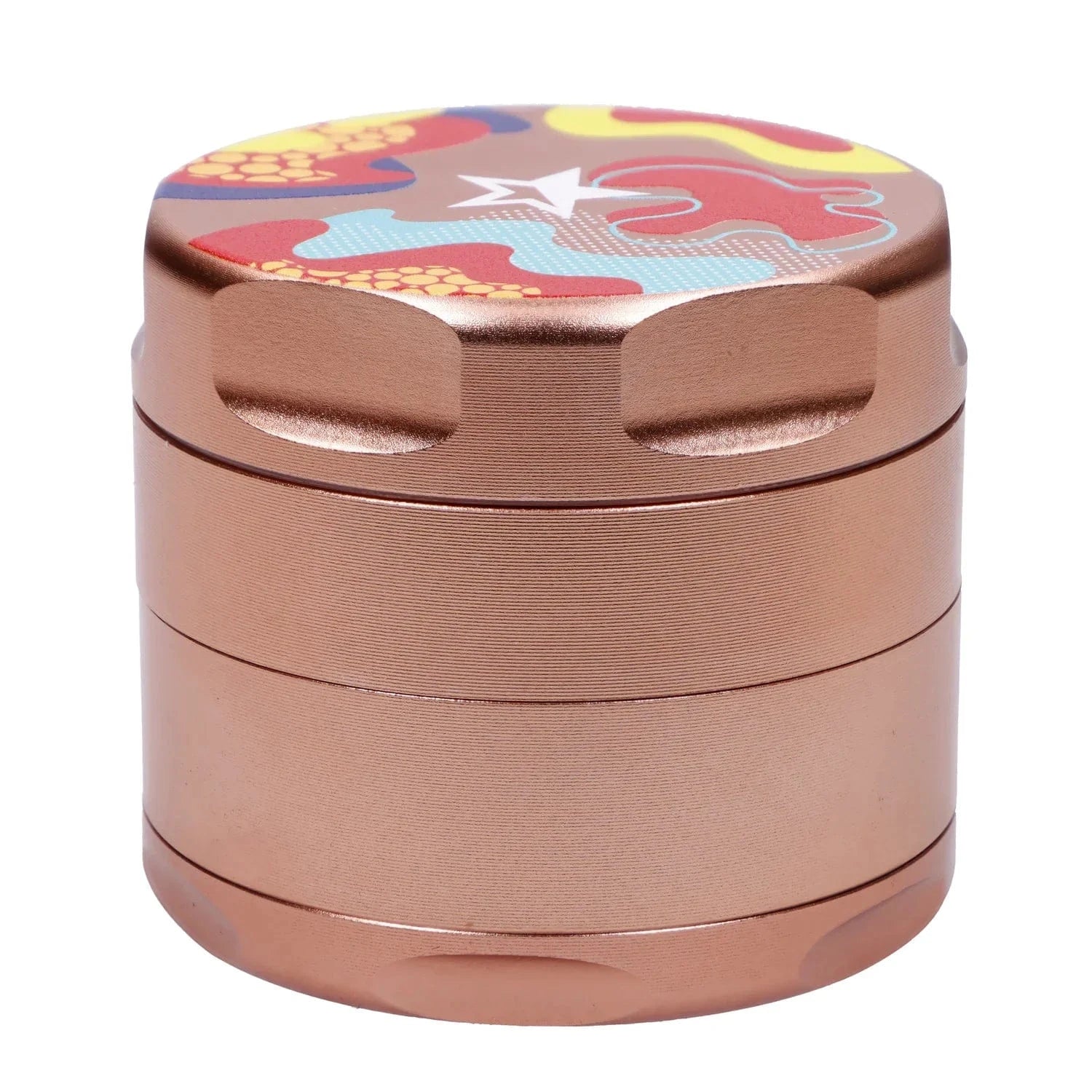 Close-up front view of the Famous X Papaya Aluminum 3 Stage Grinder-Rose Gold showing its stacked cylindrical sections and colorful patterned lid.