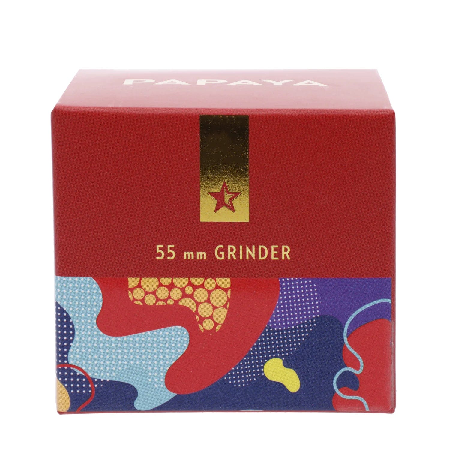 Close-up front view of the Famous X Papaya Aluminum 3 Stage Grinder-Rose Gold box showing red top, gold star strip and colorful abstract lower panel.
