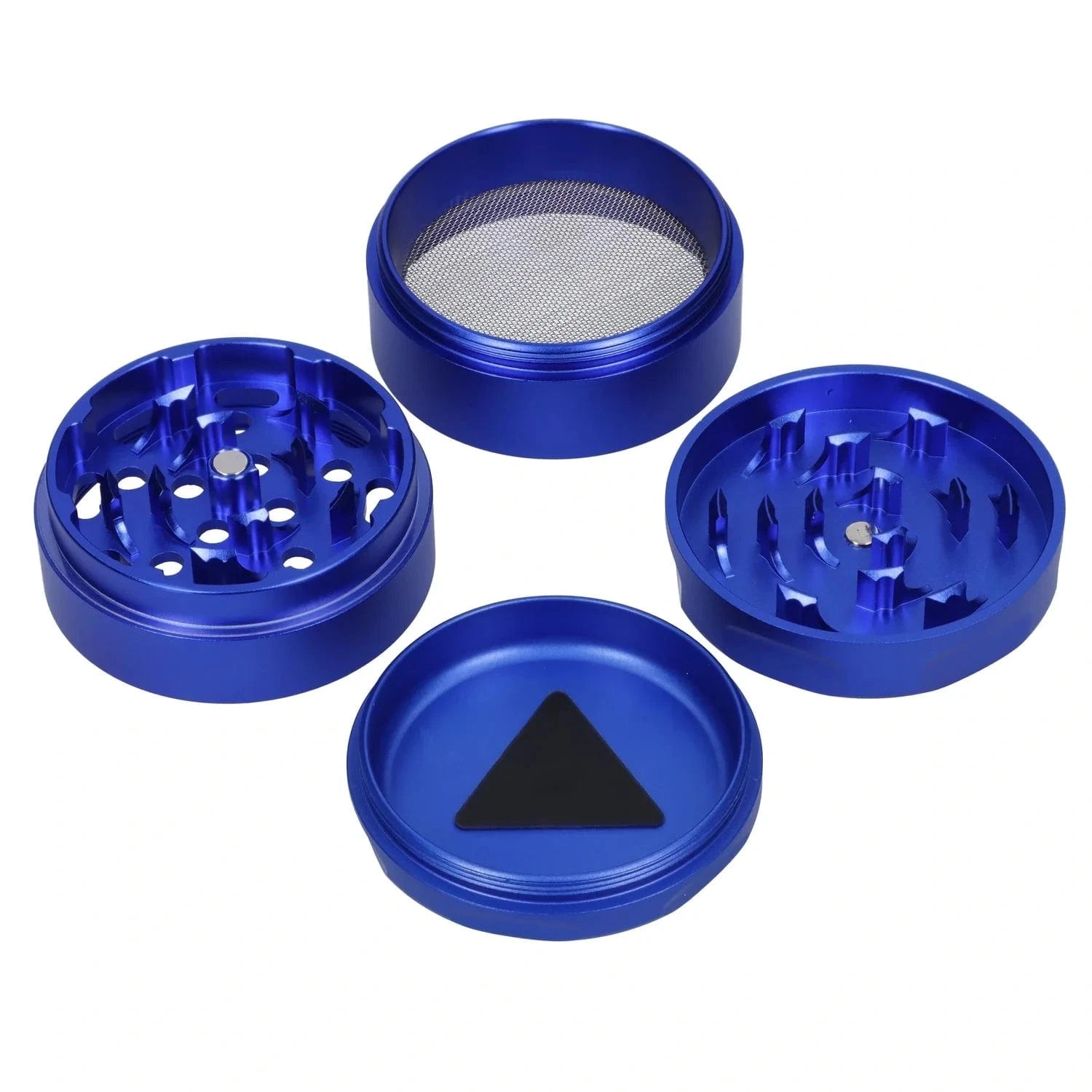 Top-down view of the disassembled Famous X Privilege Aluminum 3 Stage Grinder-Blue showing three blue metal chambers, a mesh screen, and a triangular scraper.