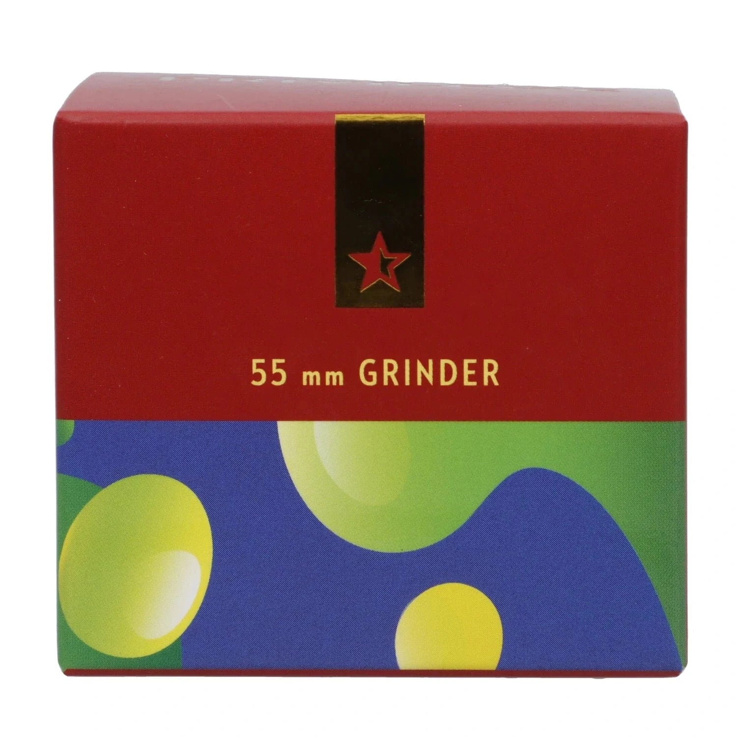 Centered front view of the Famous X Privilege Aluminum 3 Stage Grinder-Blue box with red top, gold star emblem, and colorful abstract lower panel.
