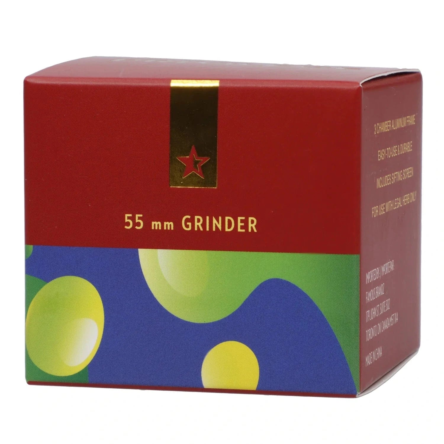 Angled close-up of the Famous X Privilege Aluminum 3 Stage Grinder-Blue box showing a red top with gold star emblem and colorful blue-green bubble pattern.
