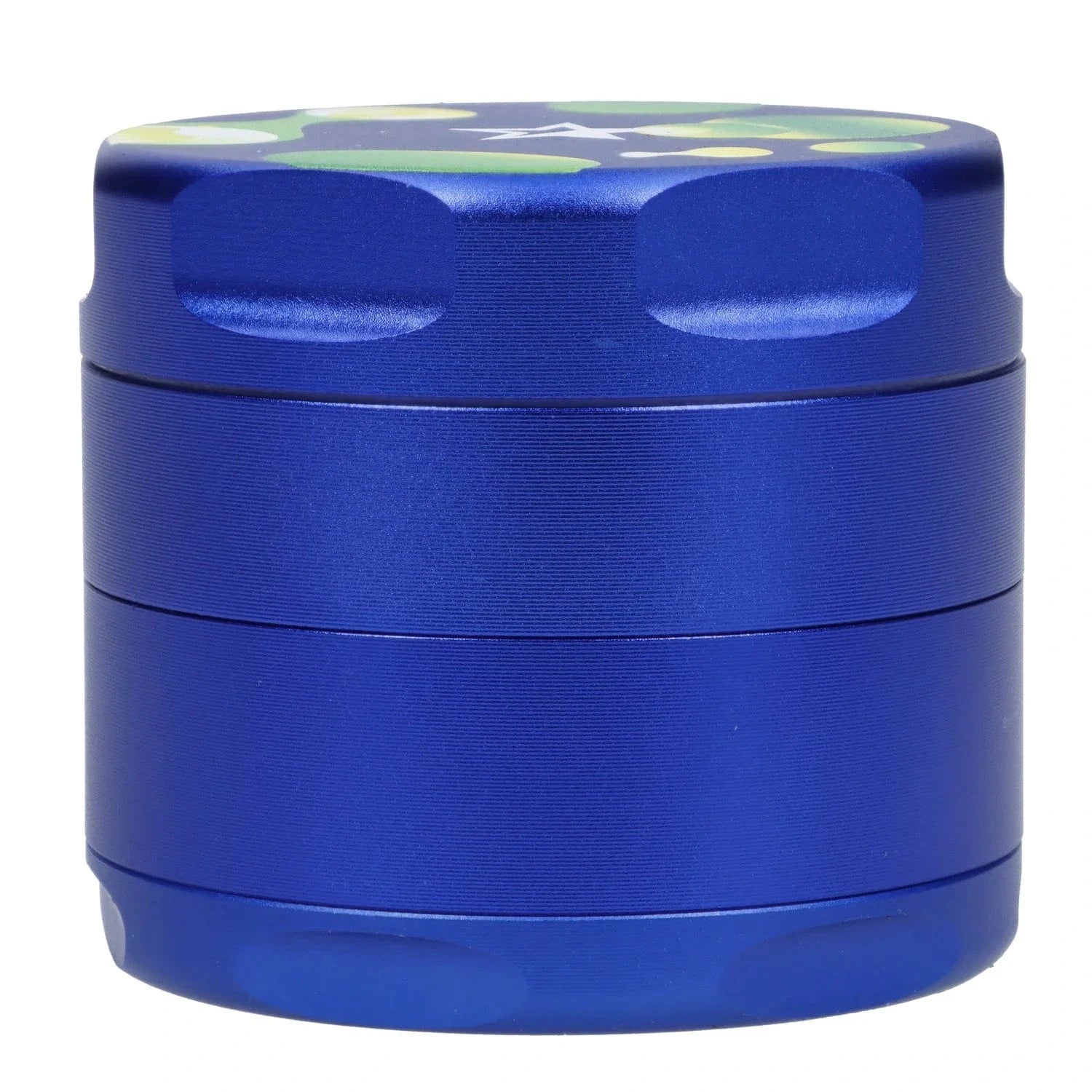 Close-up front view of the Famous X Privilege Aluminum 3 Stage Grinder-Blue showing the metallic blue stacked chambers, textured grip notches, and colorful top edge.
