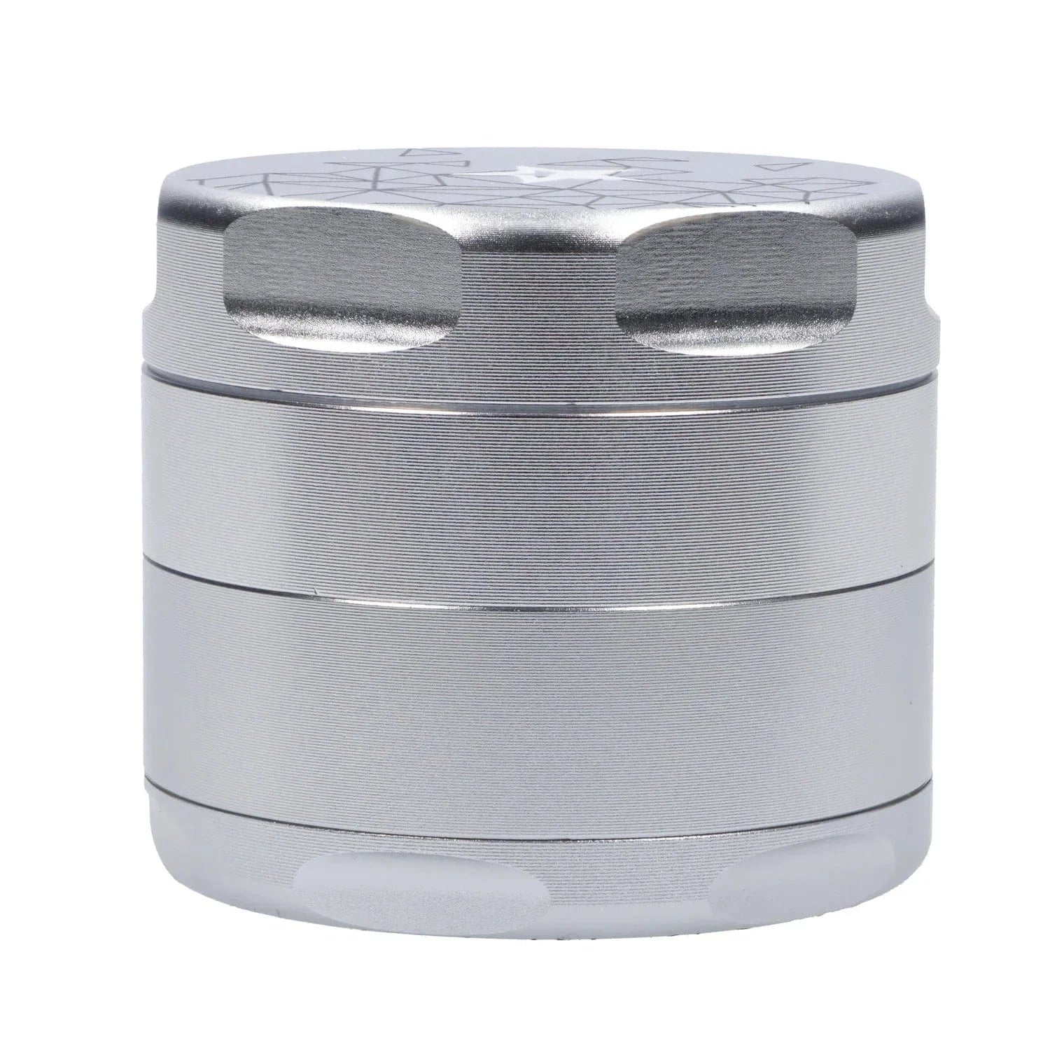 Close-up front view of the Famous X Space Aluminum 3 Stage Grinder-Silver showing its silver cylindrical stacked stages and textured grip grooves.