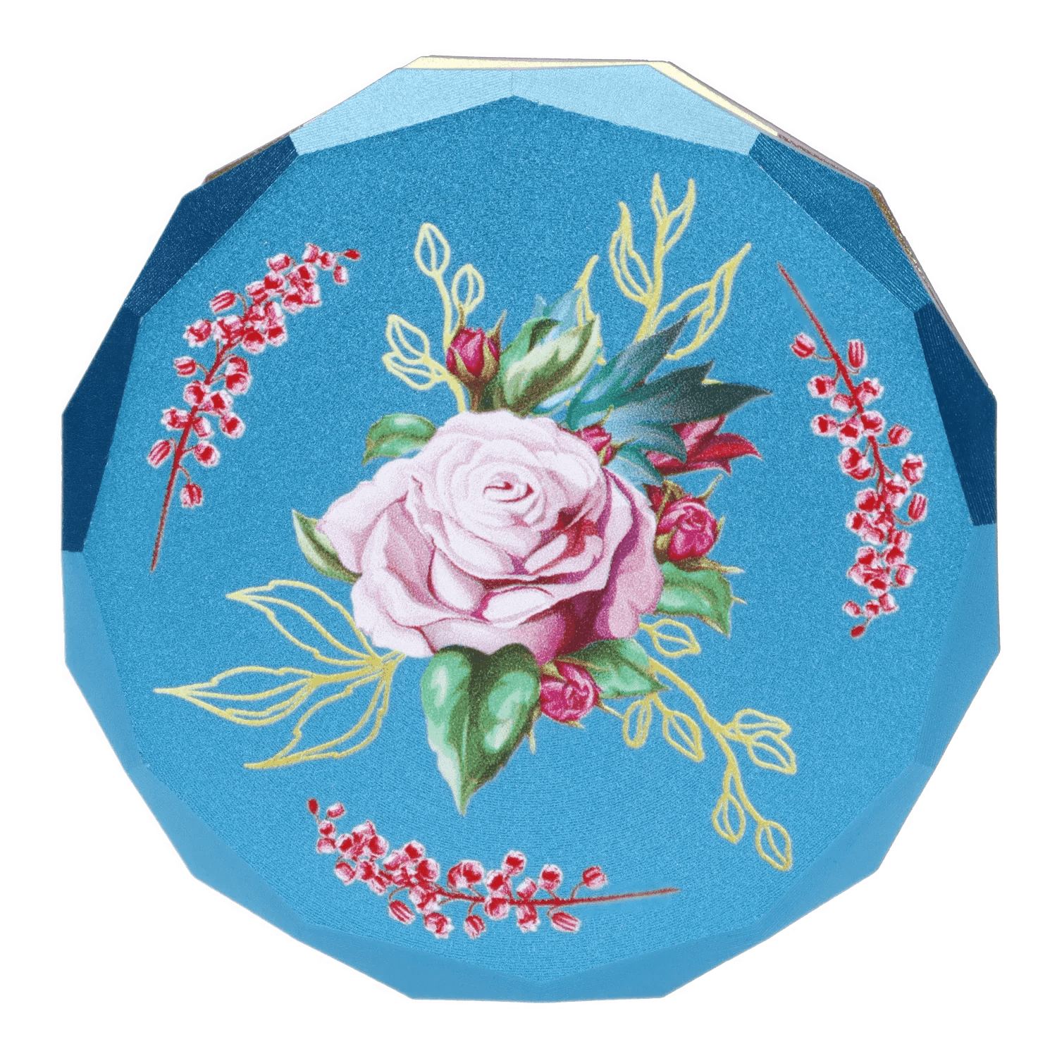 Front view of the Floral Lush Aluminum 2 stage Grinder, showcasing its metallic finish and floral design.