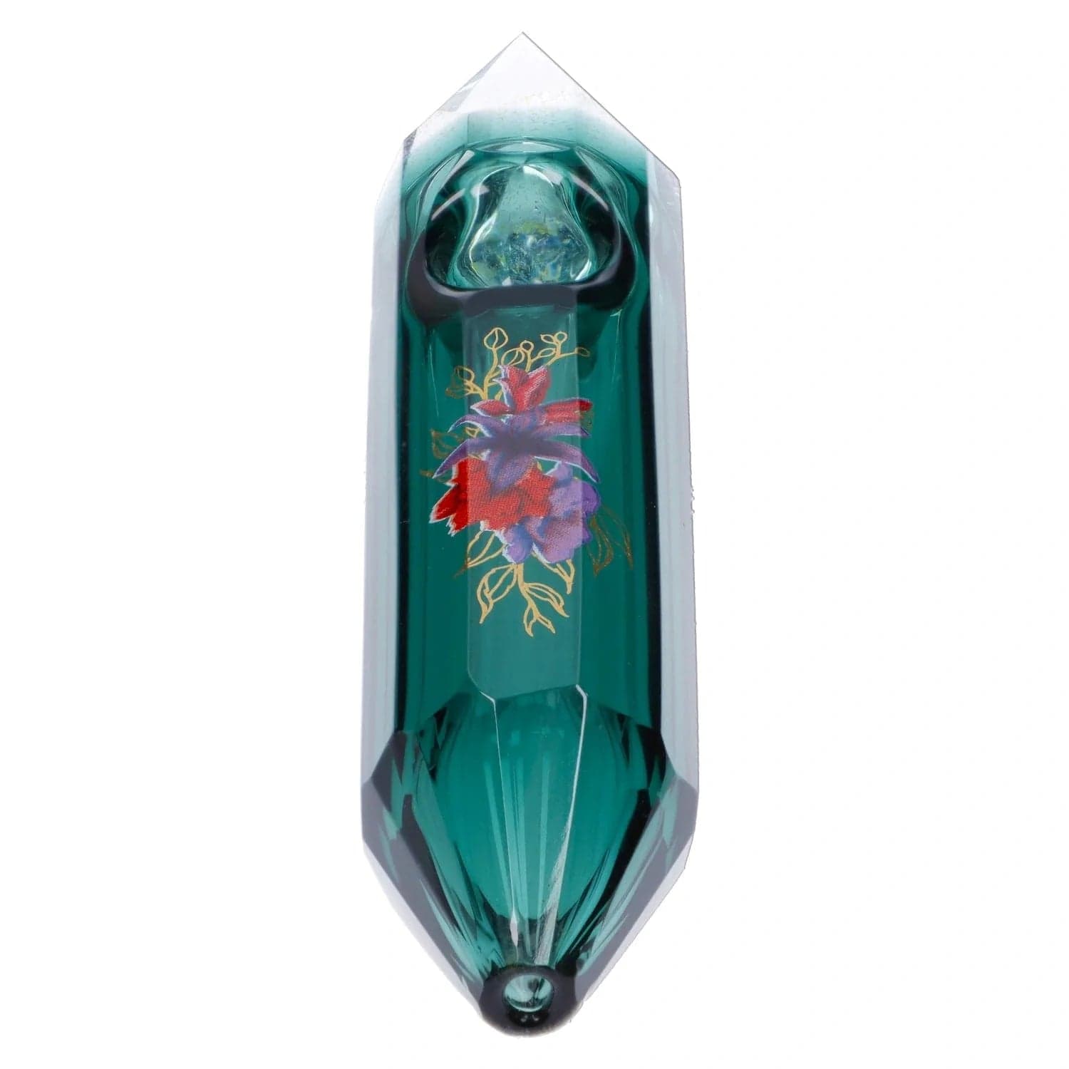 Front view of the Floral Lush Crystal Hand Pipe, showcasing its clear glass construction and floral embellishments.