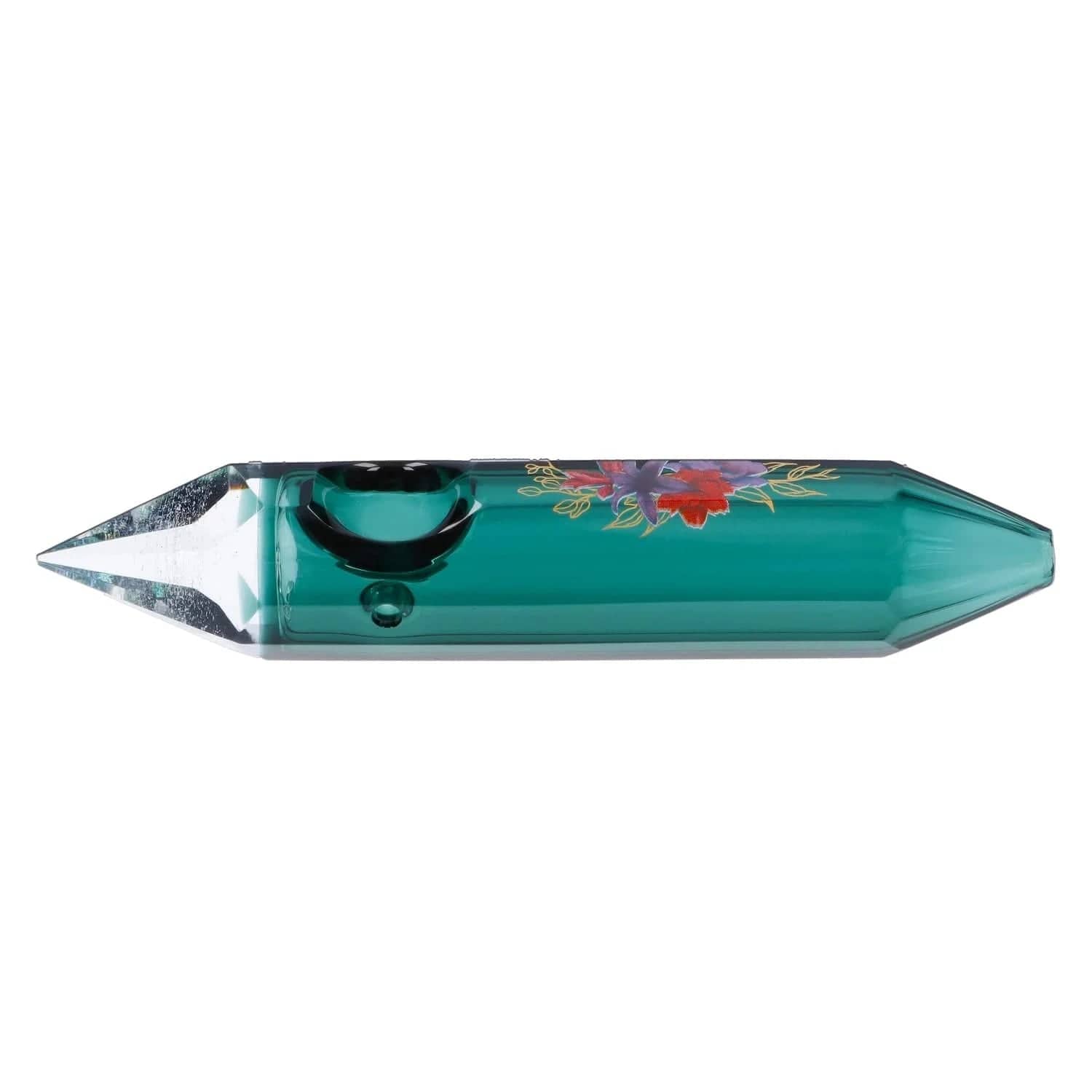 Front view of the Floral Lush Crystal Hand Pipe, showcasing a clear glass pipe with a decorative floral design.