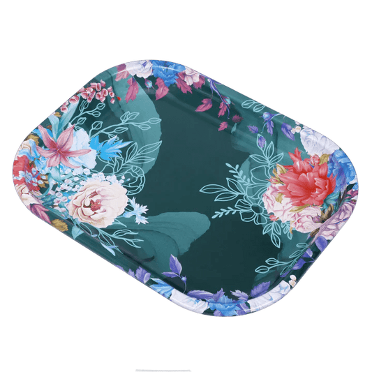 Overhead view of the Floral Lush Rolling Tray, displaying a vibrant floral pattern against a dark background.