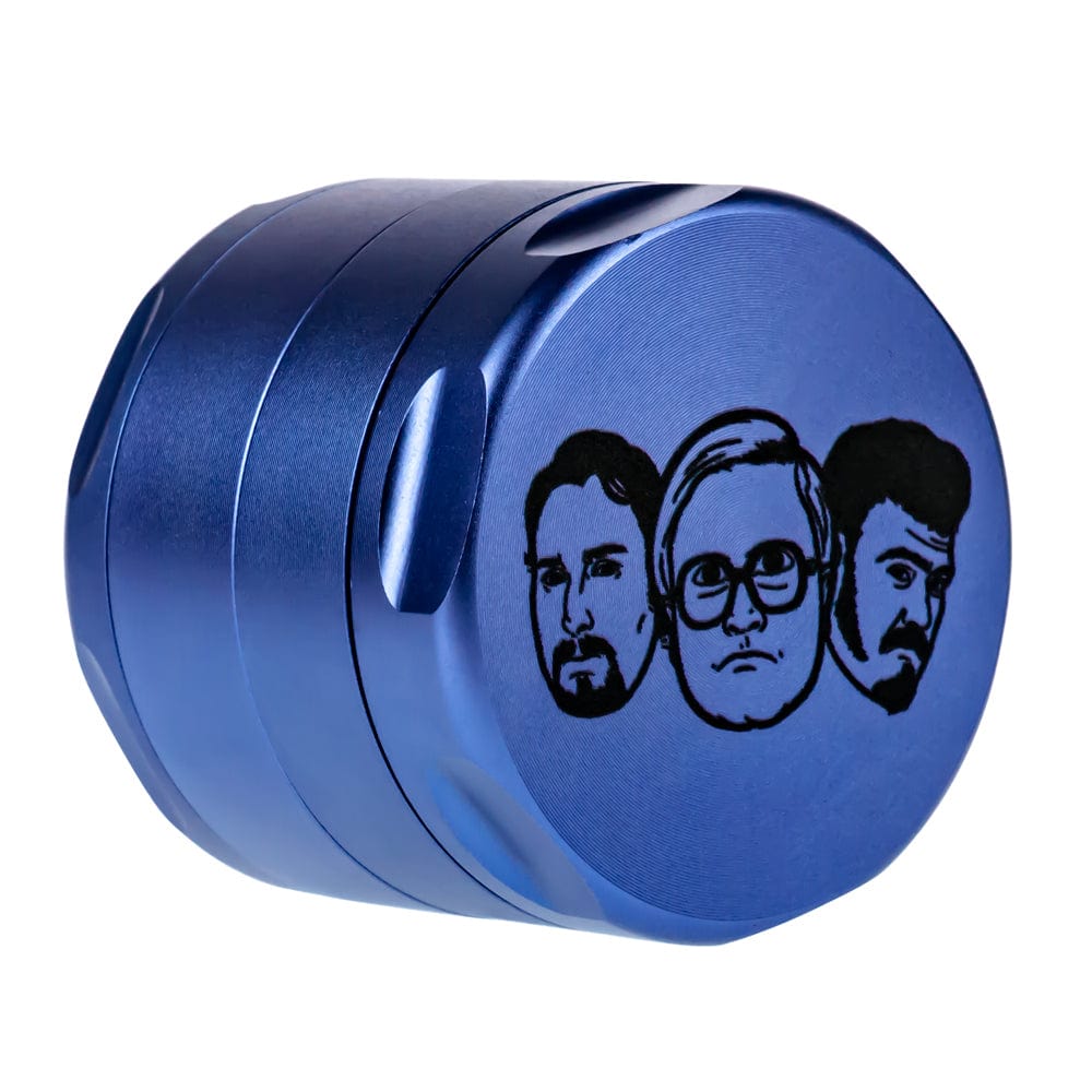 Front view of the Famous X Trailer Park Boys 3 Piece Grinder, a blue metal grinder with three visible sections.