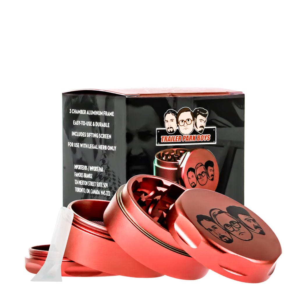 Front view of the Famous X Trailer Park Boys 3 Piece Grinder, showcasing the branded artwork on a metallic finish.