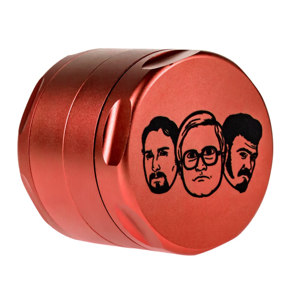 Front view of the Famous X Trailer Park Boys 3 Piece Grinder, a red, circular grinder with detailed character portraits.