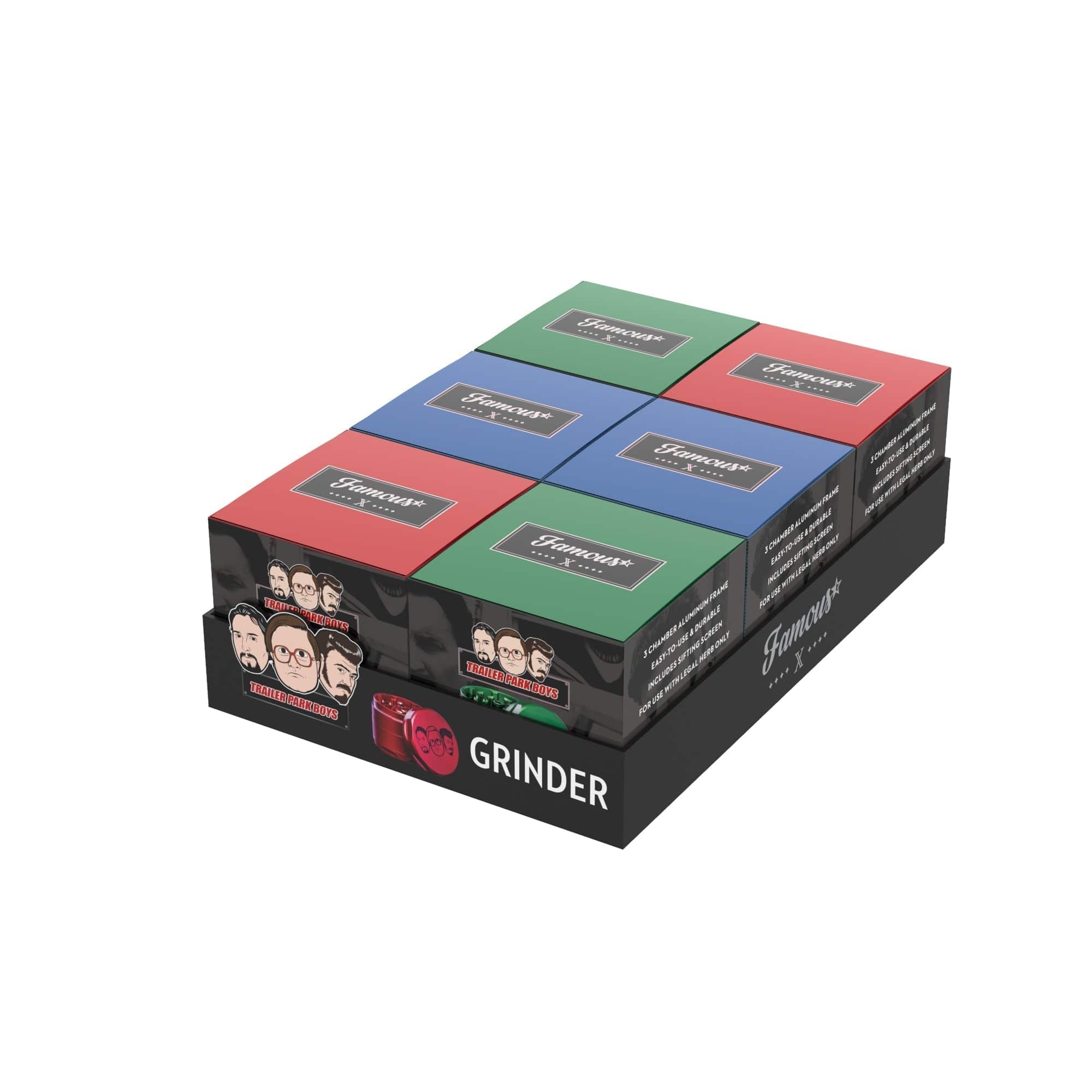 Front view of the Famous X Trailer Park Boys 3 Piece Grinder, showcasing its layered construction and dark finish.