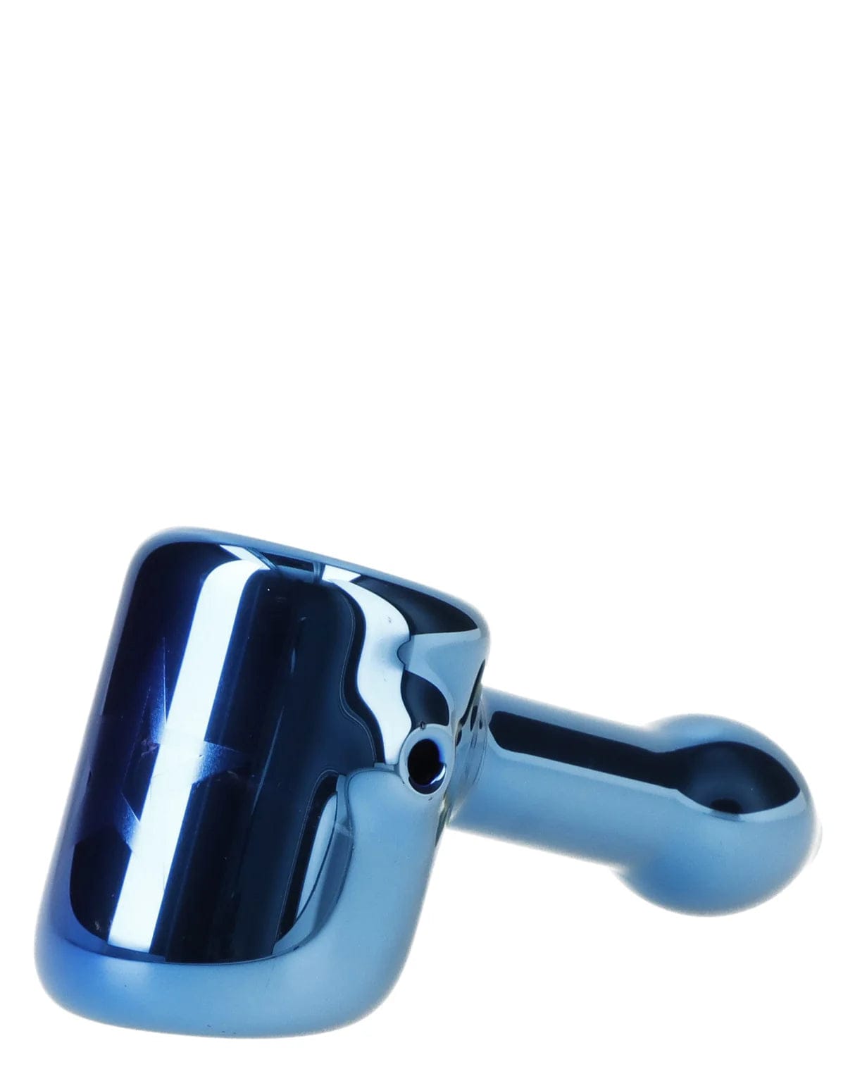 A close-up, angled view of the Famous X Sapphire Fumed Large Sherlock Pipe, showcasing its dark blue glass construction.