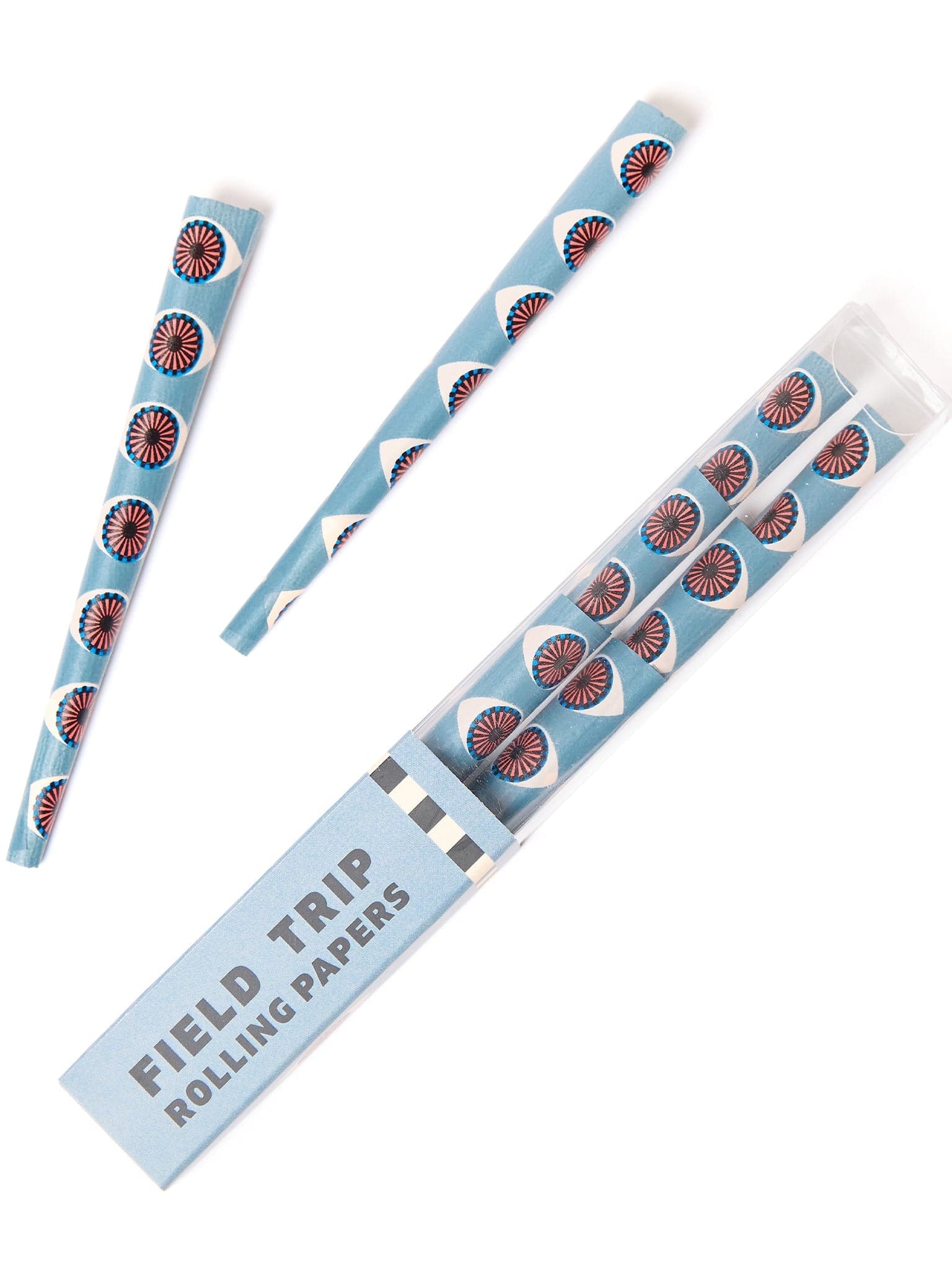 Overhead view of Third Eye Pre-Roll Cones, featuring a colorful, patterned design on each paper cone.