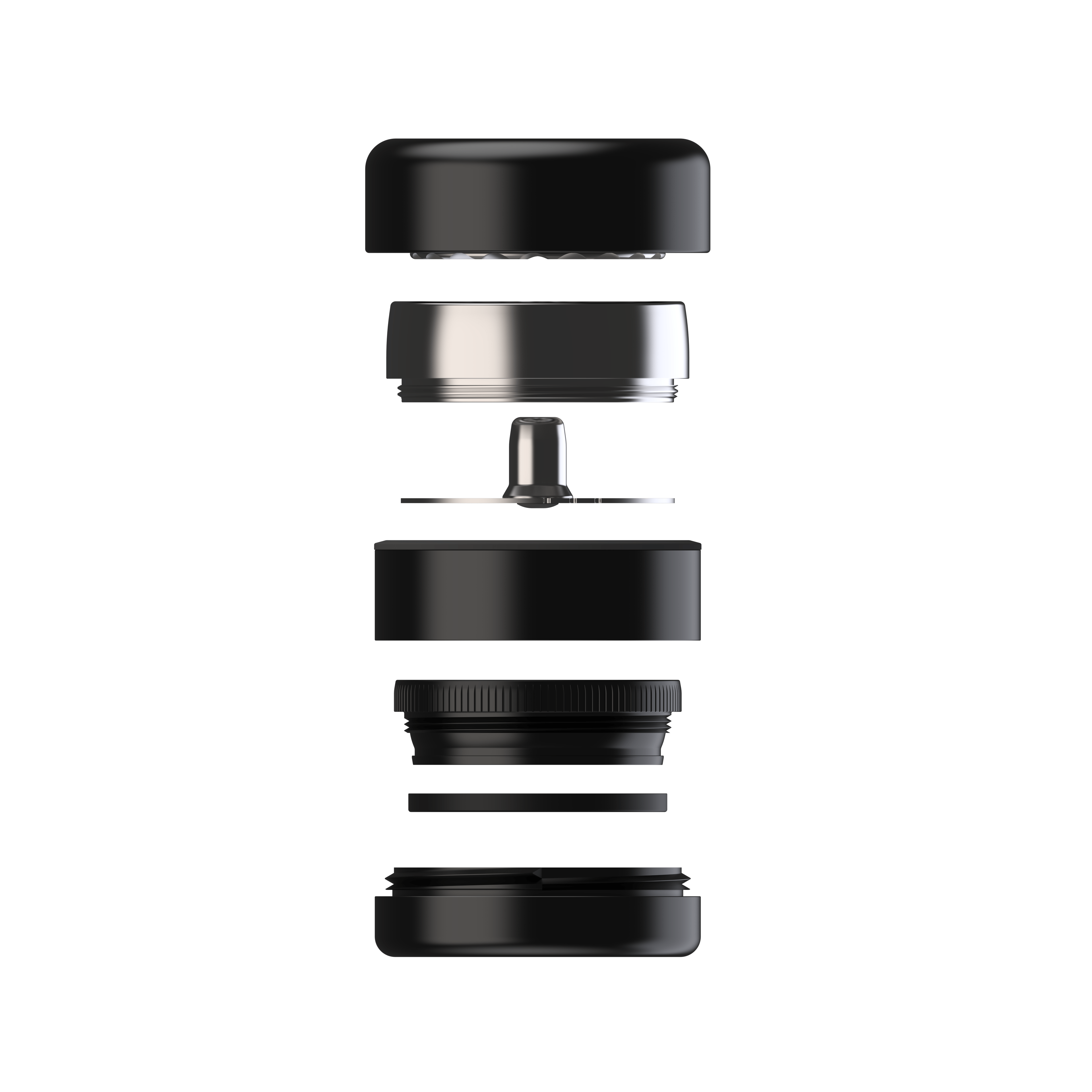 A studio shot of the disassembled Next-Gen Premium 2.5" Stainless Series in black, showing the individual components stacked vertically.