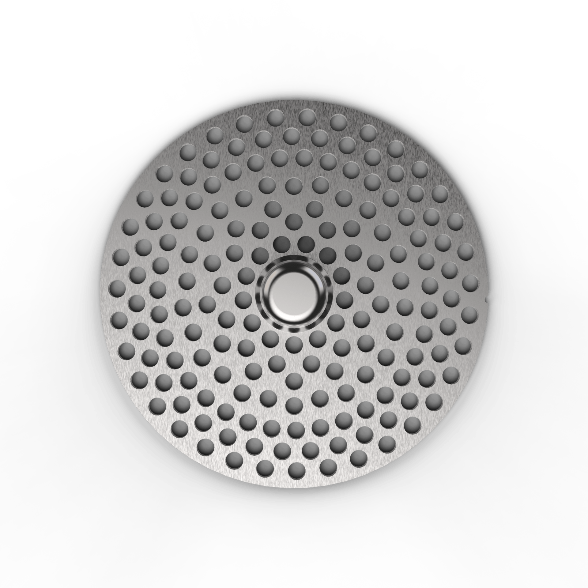 A top-down view of the Next Gen Premium 2.5" Mill Plates, displaying a circular pattern of small holes on a silver surface.