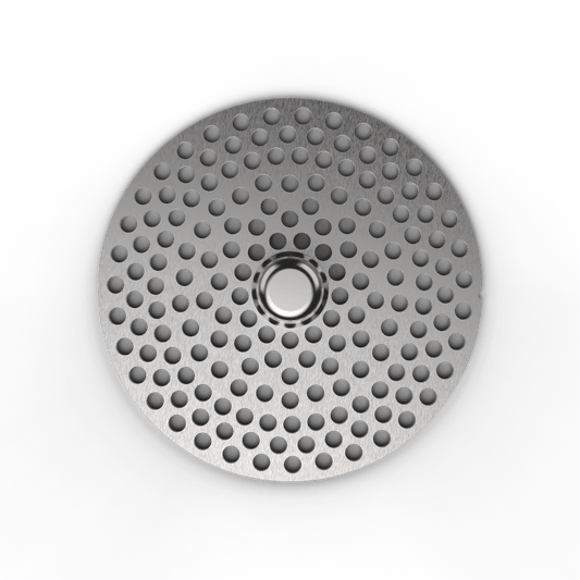 A top-down view of the Next Gen Premium 2.5" Mill Plates, displaying a circular pattern of small holes on a silver surface.