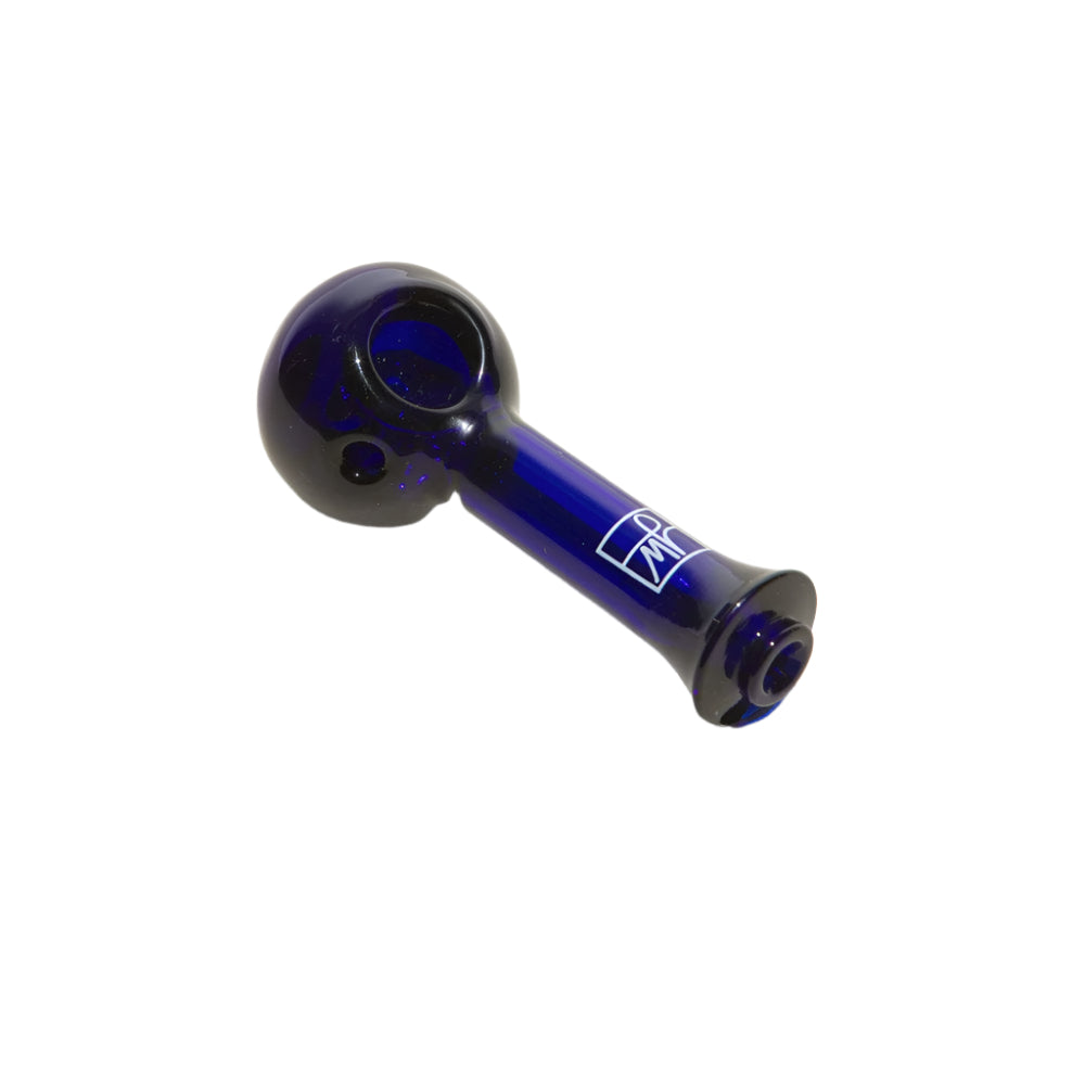 Angled top-down view of the deep blue glass bowl pipe, "The Cobalt Spoon," set against a white background.