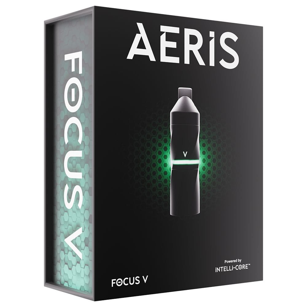Front view of the AERIS Vaporizer, a sleek, black device with a minimalist design, set against a dark textured background.