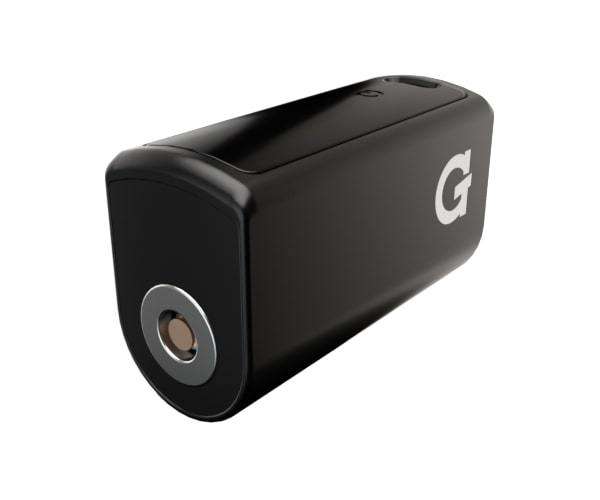 Angled studio shot of the G Pen Connect Battery, showcasing its black cylindrical design and circular connection port.
