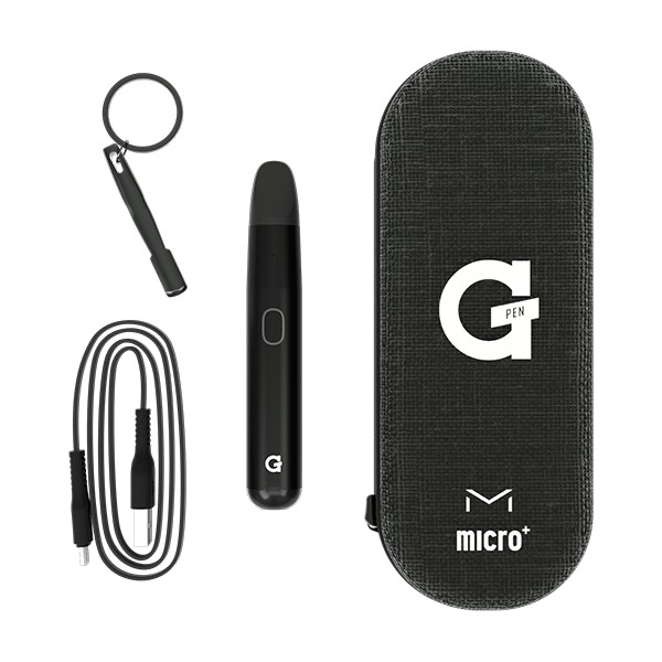 Front view of the Cookies x G Pen Micro Plus Concentrate Vaporizer with its charging cable, displayed on a black background.