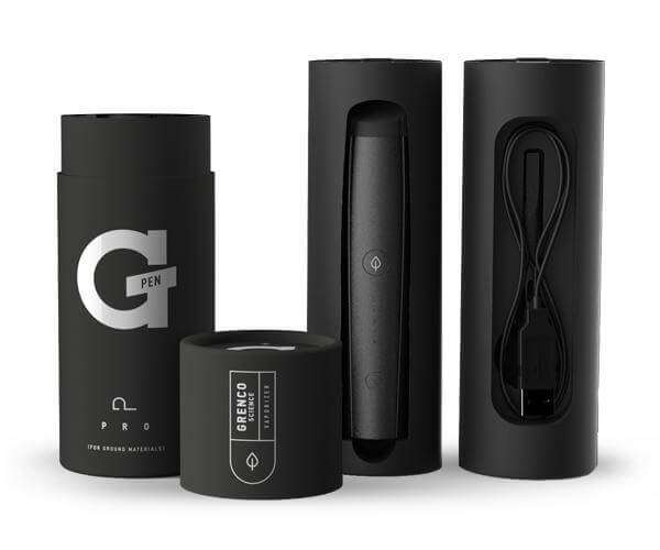 Front view of the G Pen Pro Vaporizer, a sleek, black cylindrical device next to its branded packaging.