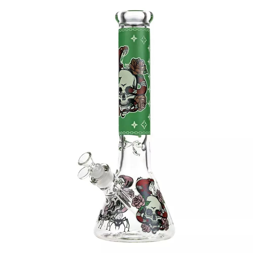 Front view of the Beaker Ice Bong with Glow in the Dark Snake and Skull Print showing a clear glass beaker base and straight neck with green snake-and-skull artwork.
